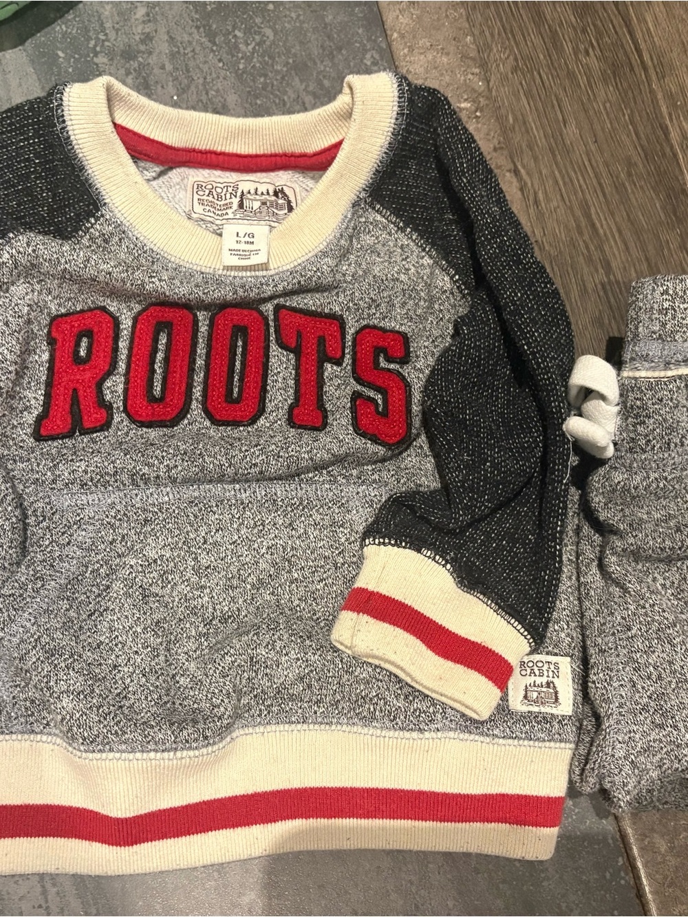 Roots Kids Grey Sweatshirt with Red Lettering and Cream Trim